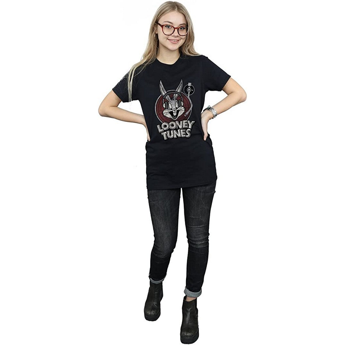 Black - Side - Looney Tunes Womens-Ladies Bugs Bunny Circle Cotton Logo Boyfriend T-Shirt