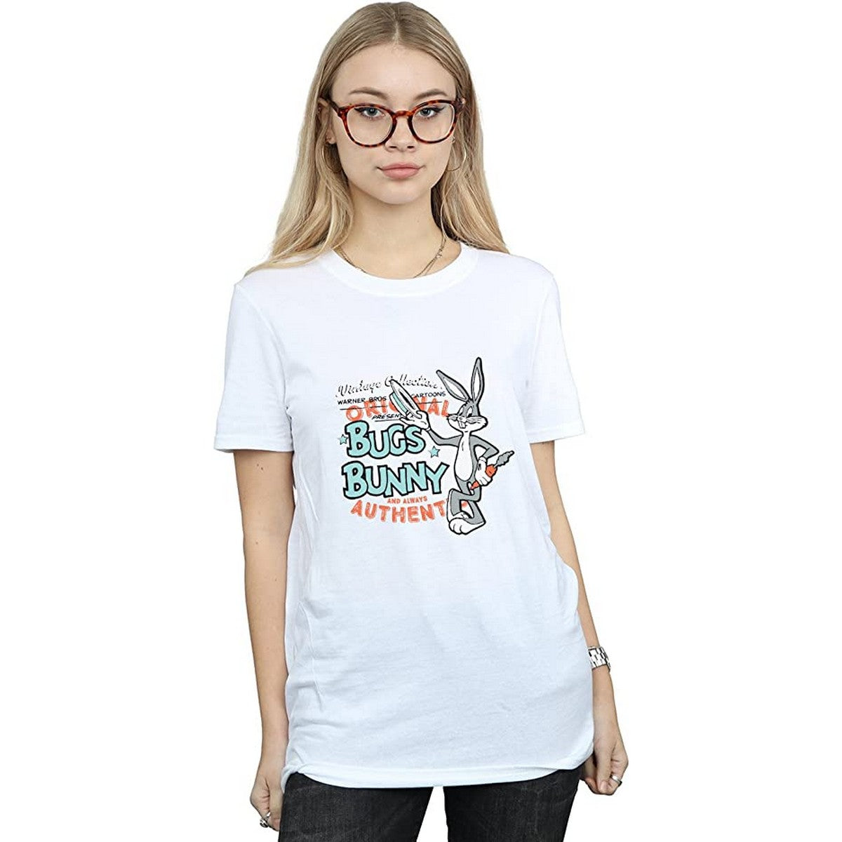 White - Back - Looney Tunes Womens-Ladies Bugs Bunny Vintage Cotton Boyfriend T-Shirt
