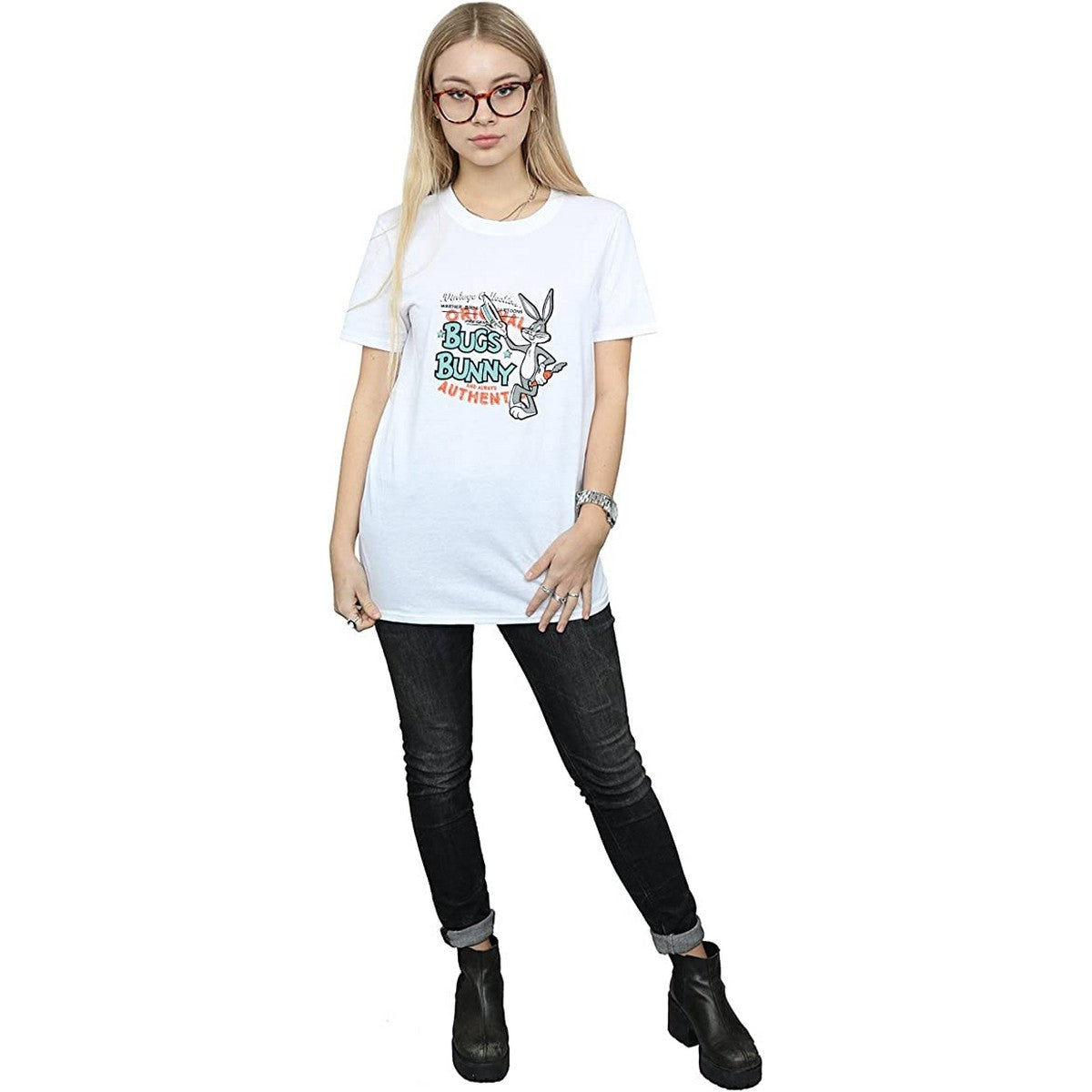 White - Side - Looney Tunes Womens-Ladies Bugs Bunny Vintage Cotton Boyfriend T-Shirt