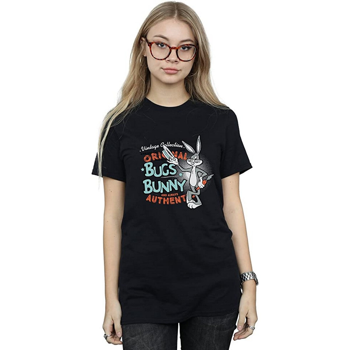 Black - Back - Looney Tunes Womens-Ladies Bugs Bunny Vintage Cotton Boyfriend T-Shirt