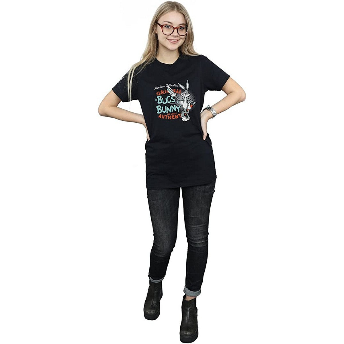 Black - Side - Looney Tunes Womens-Ladies Bugs Bunny Vintage Cotton Boyfriend T-Shirt