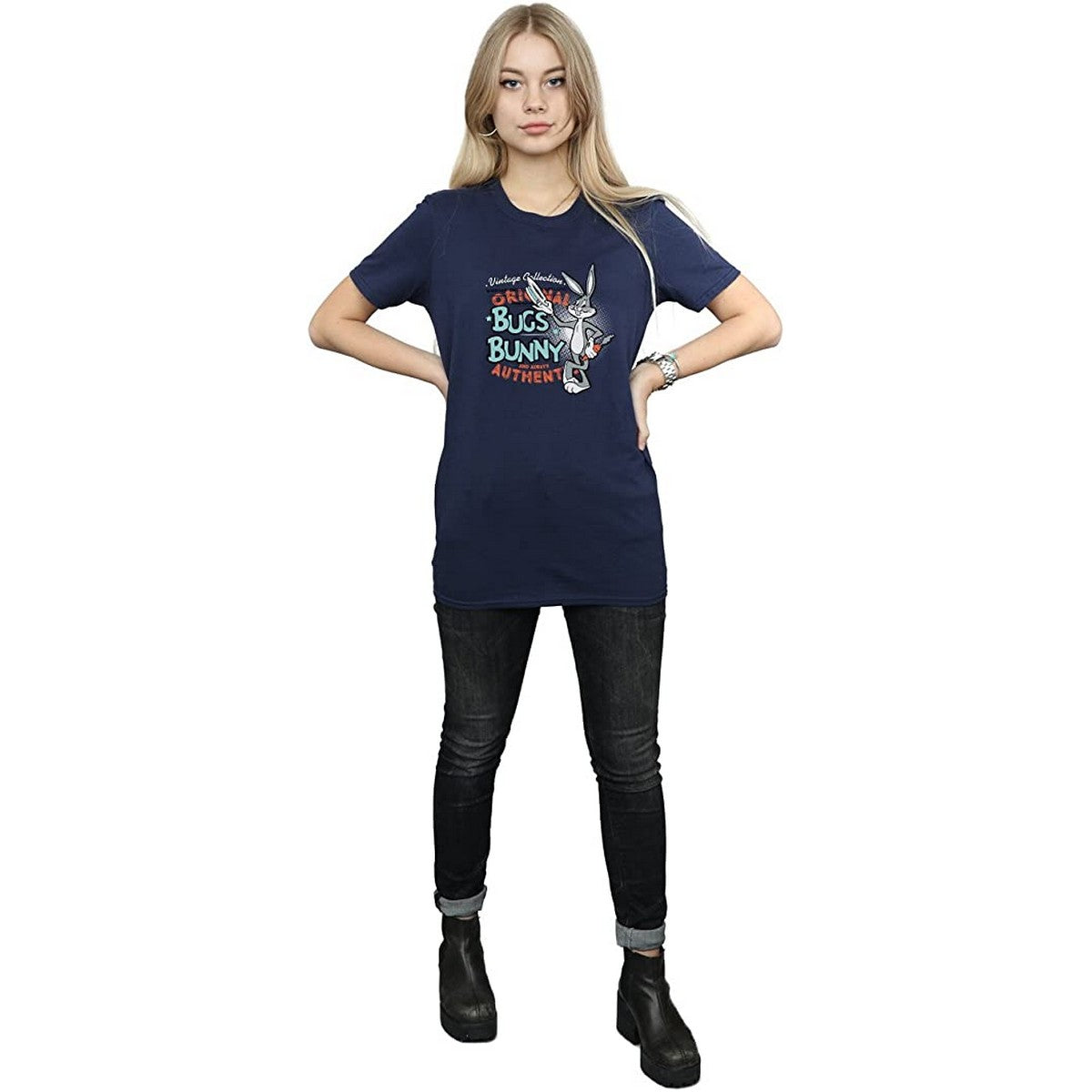 Navy Blue - Side - Looney Tunes Womens-Ladies Bugs Bunny Vintage Cotton Boyfriend T-Shirt