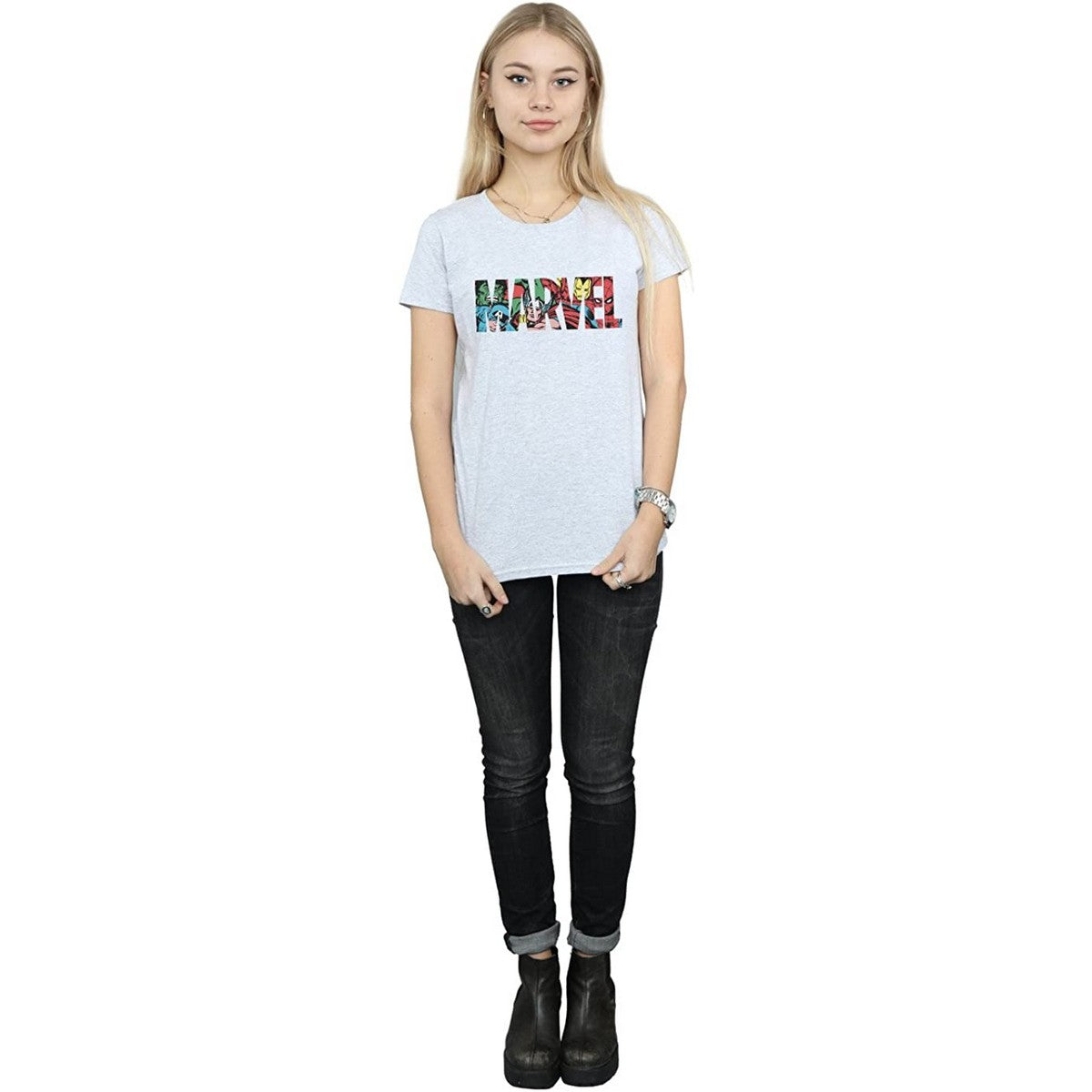 Sports Grey - Side - Marvel Womens-Ladies Infill Character Logo Boyfriend T-Shirt