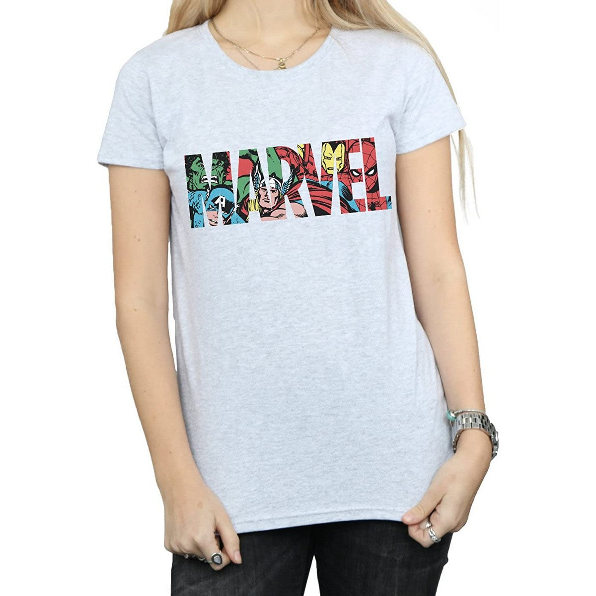 Sports Grey - Front - Marvel Womens-Ladies Infill Character Logo Boyfriend T-Shirt