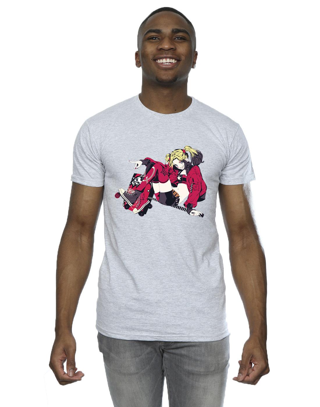 Sports Grey - Back - DC Comics Mens Harley Quinn Rollerskates T-Shirt