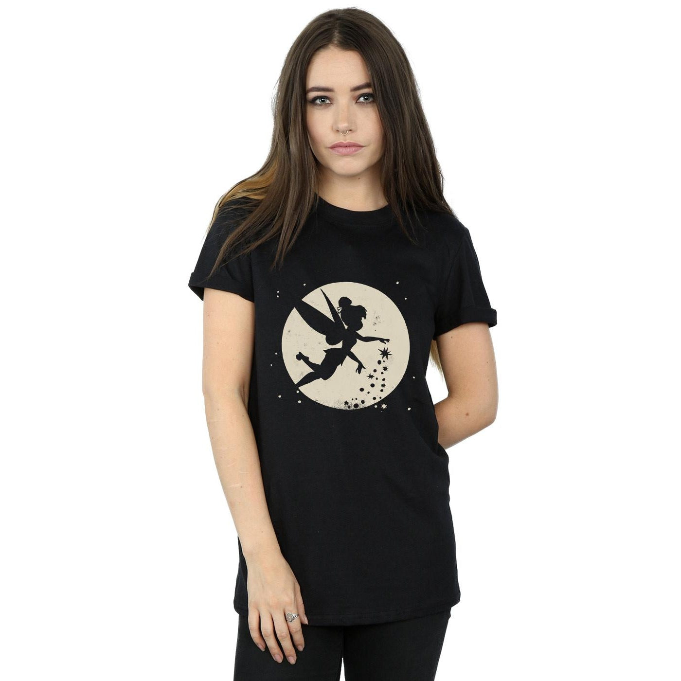 Black - Pack Shot - Tinkerbell Womens-Ladies Moon Cotton Boyfriend Crop T-Shirt
