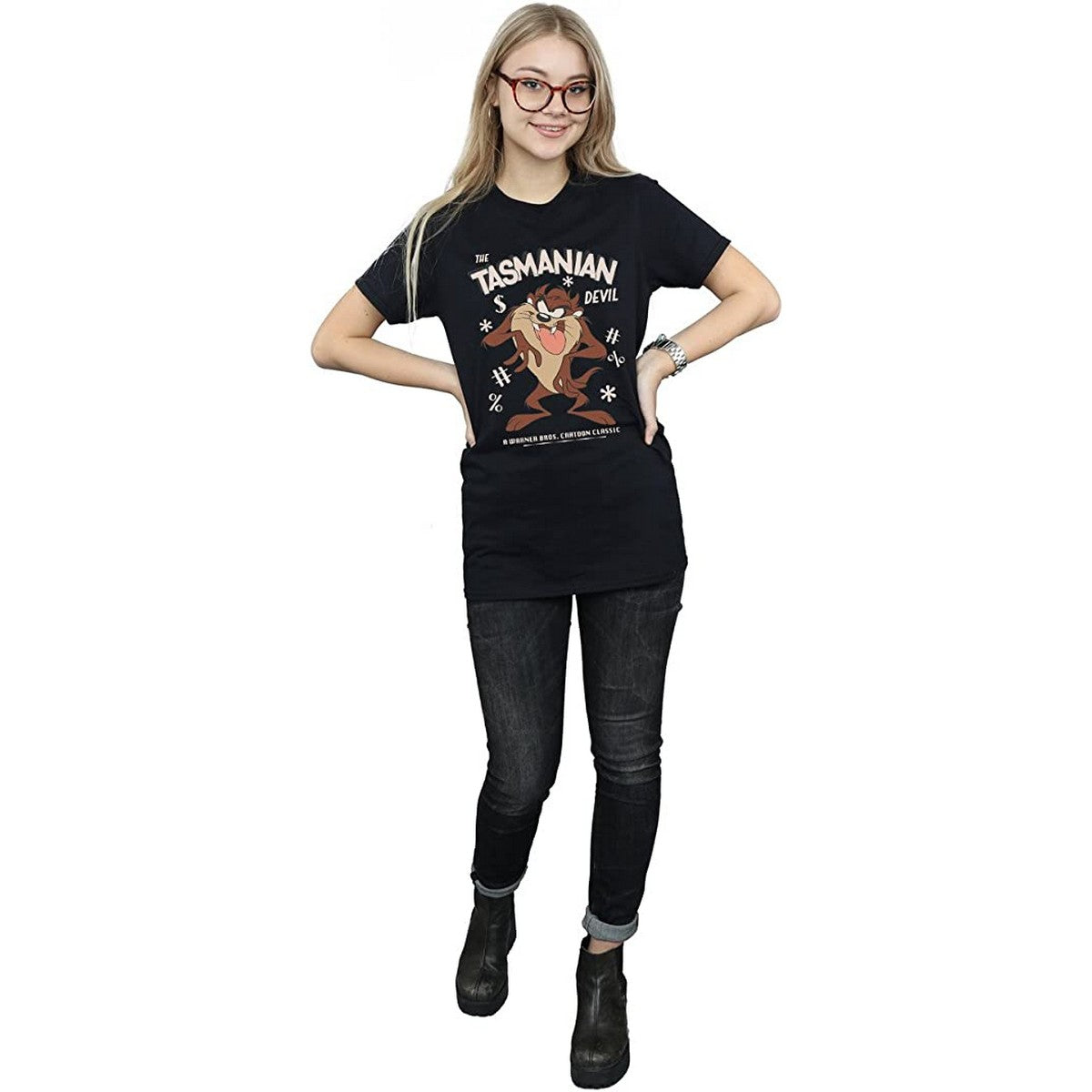 Black - Side - Looney Tunes Womens-Ladies Tasmanian Devil Vintage Cotton Boyfriend T-Shirt
