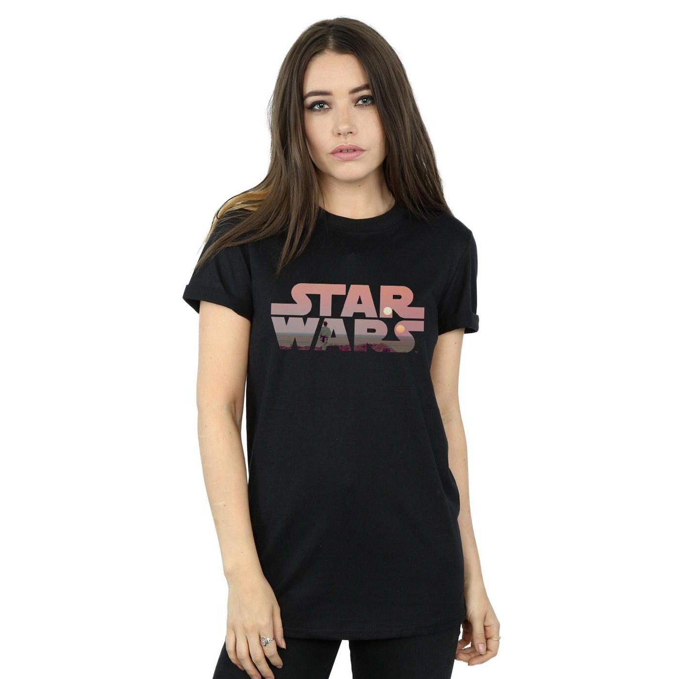 Black - Back - Star Wars Womens-Ladies Tatooine Logo Boyfriend T-Shirt