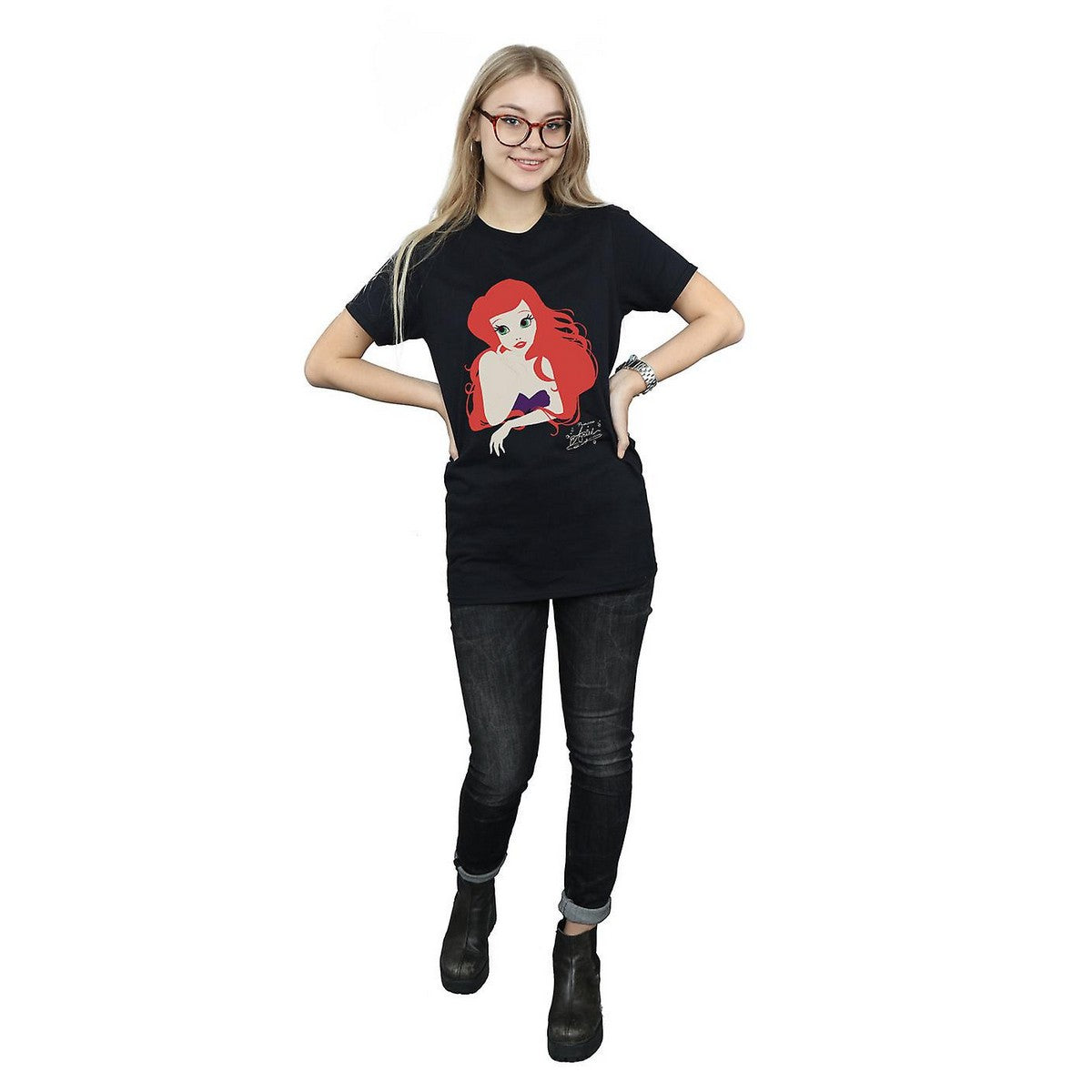 Black - Side - The Little Mermaid Womens-Ladies Ariel Cotton Boyfriend T-Shirt