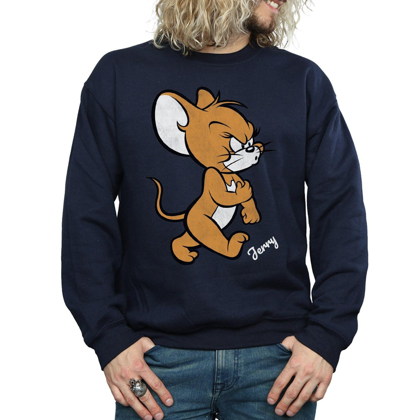 Navy Blue - Side - Tom and Jerry Mens Angry Mouse Cotton Sweatshirt
