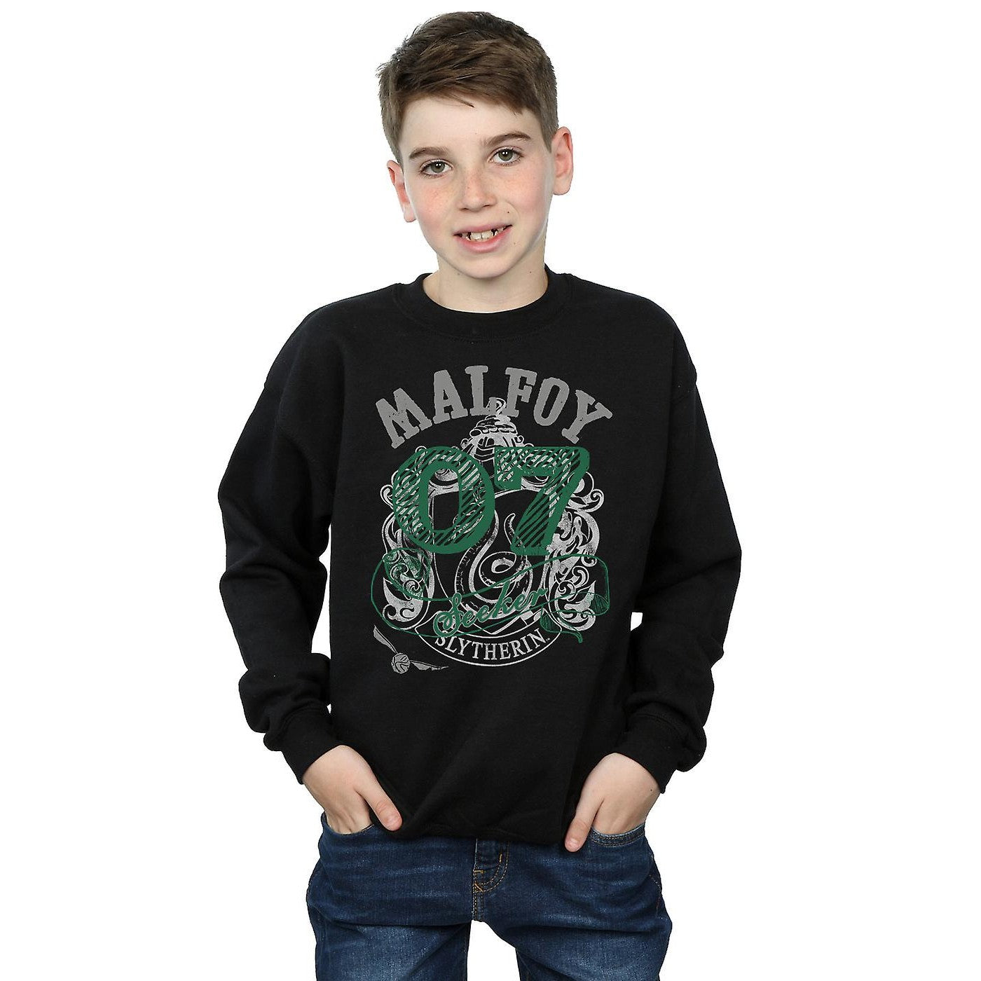 Black - Back - Harry Potter Boys Seeker Draco Malfoy Slytherin Cotton Sweatshirt