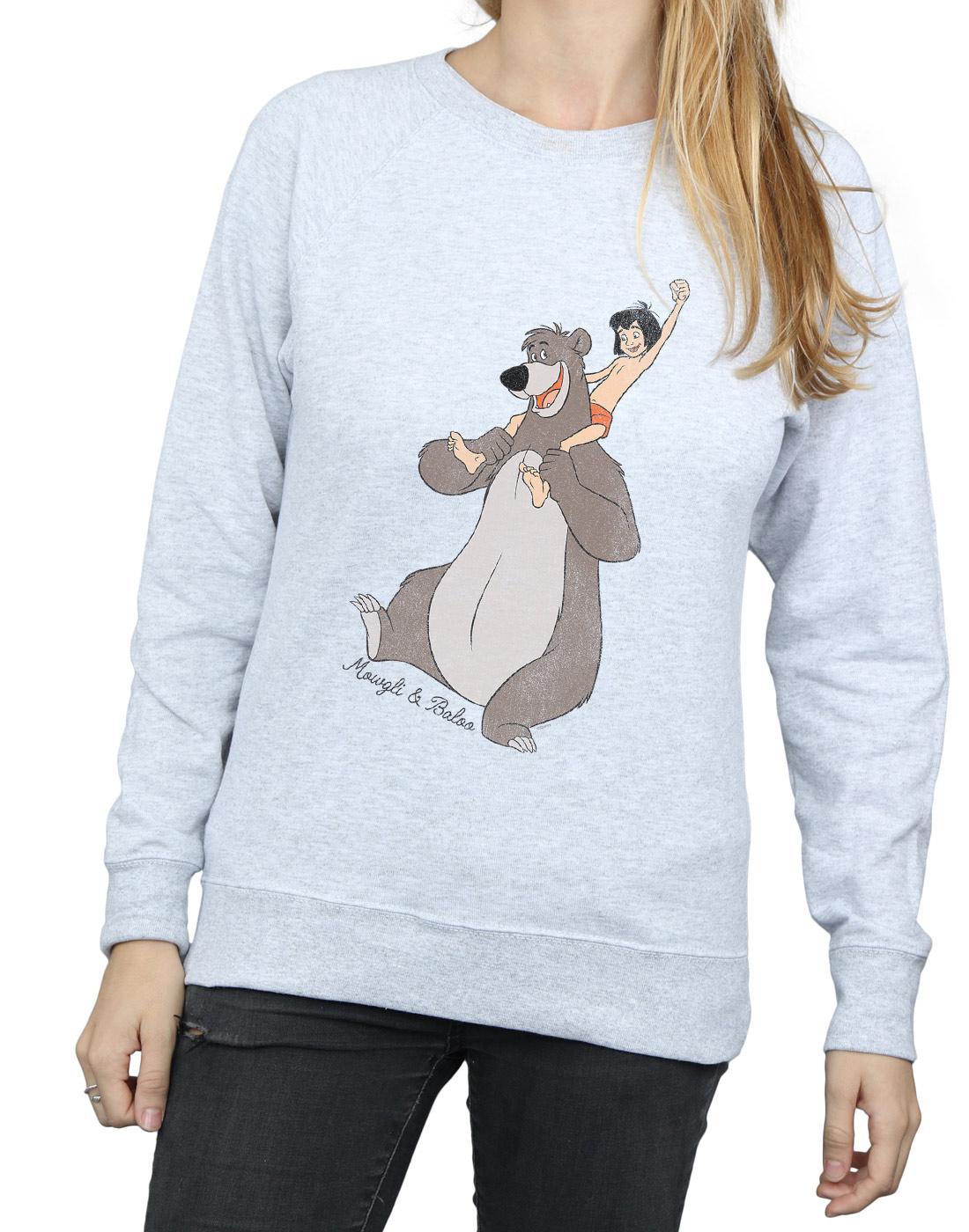 Heather Grey - Close up - Jungle Book Womens-Ladies Classic Mowgli And Baloo Sweatshirt