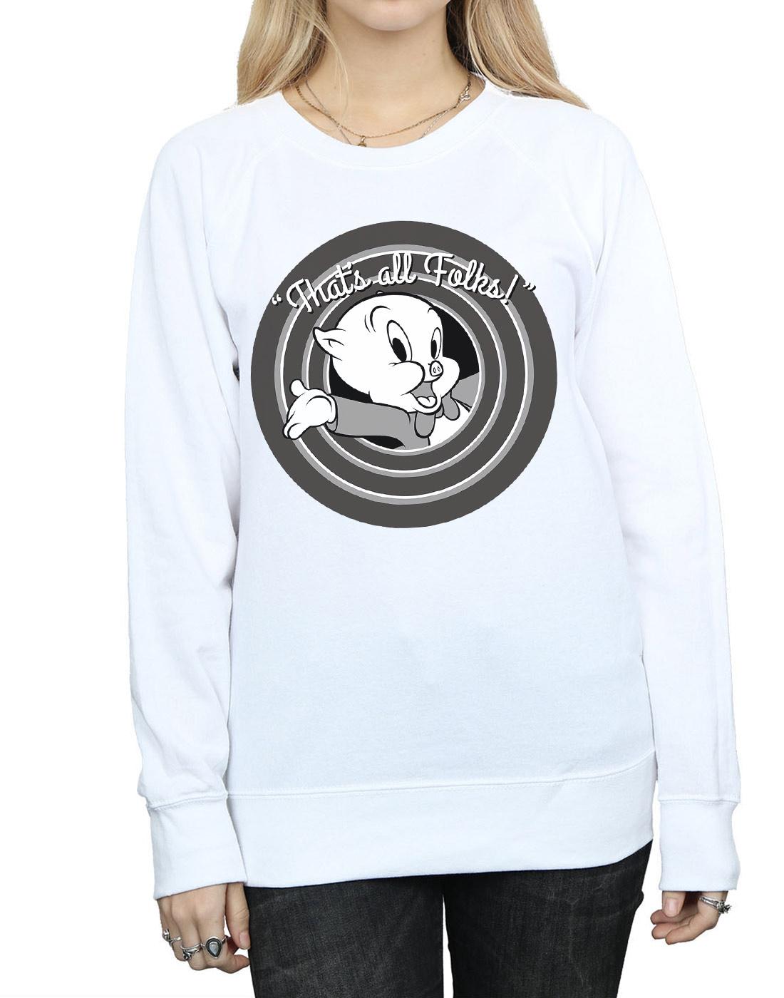 White - Side - Looney Tunes Womens-Ladies That´s All Folks Porky Pig Sweatshirt