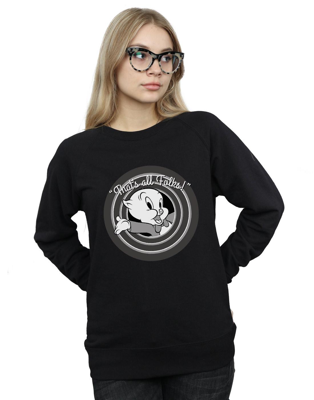 Black - Back - Looney Tunes Womens-Ladies That´s All Folks Porky Pig Sweatshirt