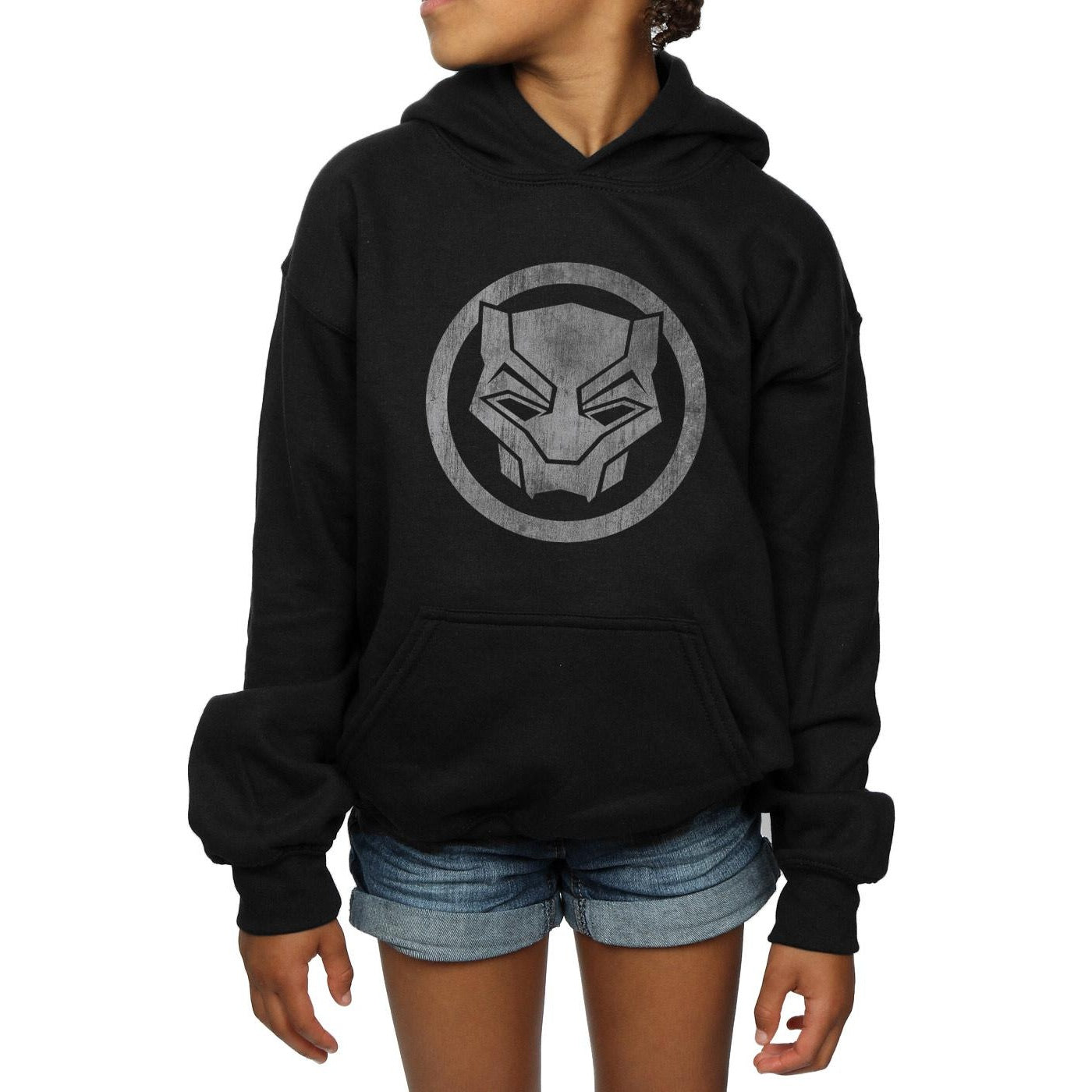 Black - Side - Marvel Girls Black Panther Distressed Icon Hoodie