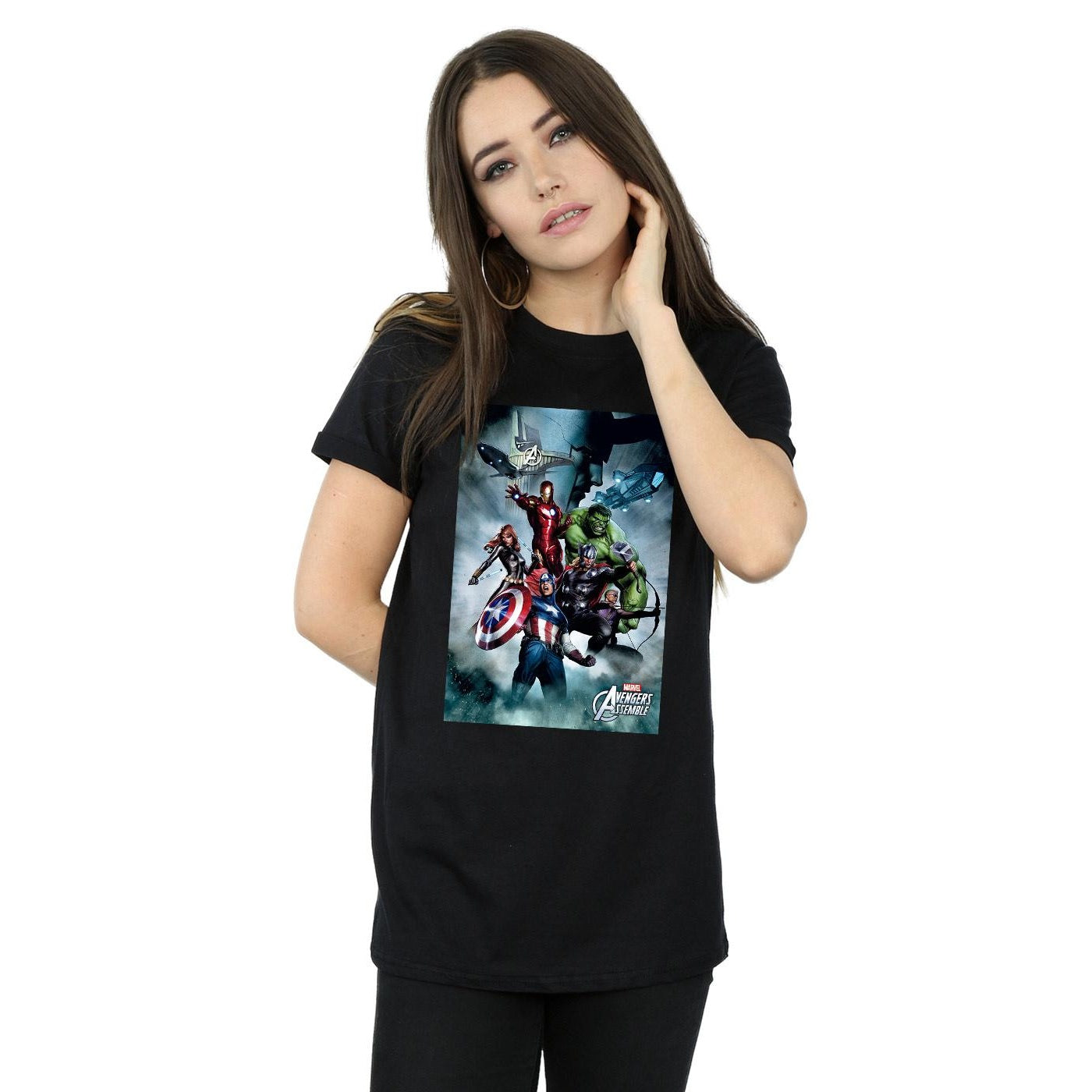 Black - Back - Marvel Womens-Ladies Avengers Team Montage Cotton Boyfriend T-Shirt