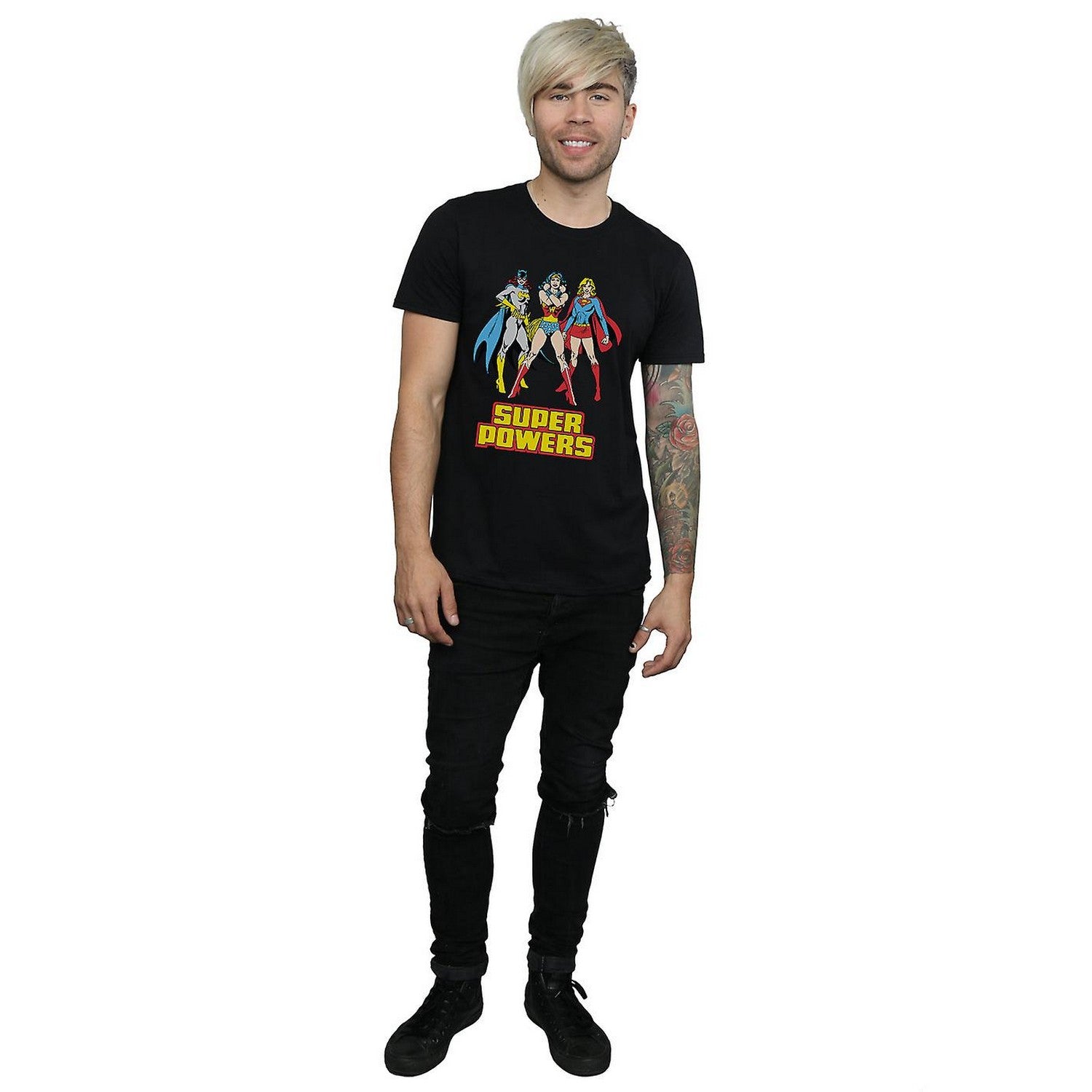 Black - Side - DC Super Hero Girls Mens Super Power Wonder Woman Group Cotton T-Shirt