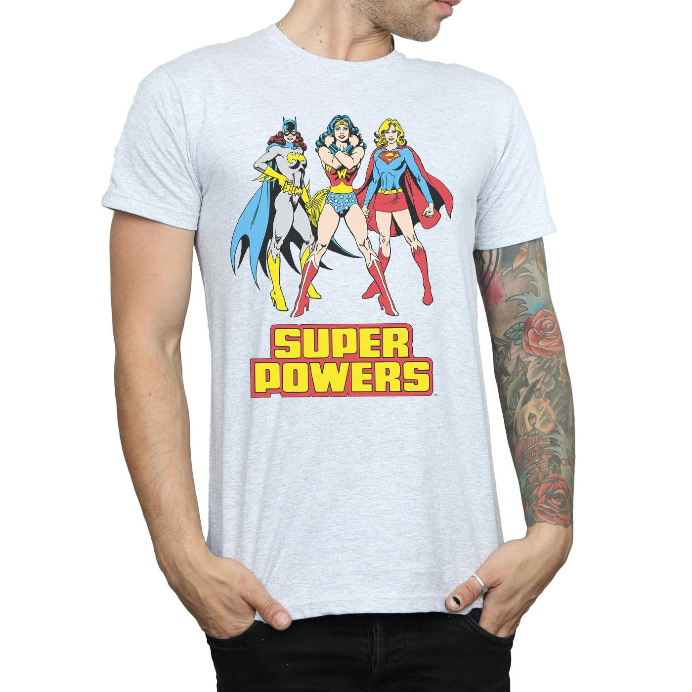 Sports Grey - Side - DC Super Hero Girls Mens Super Power Wonder Woman Group Cotton T-Shirt