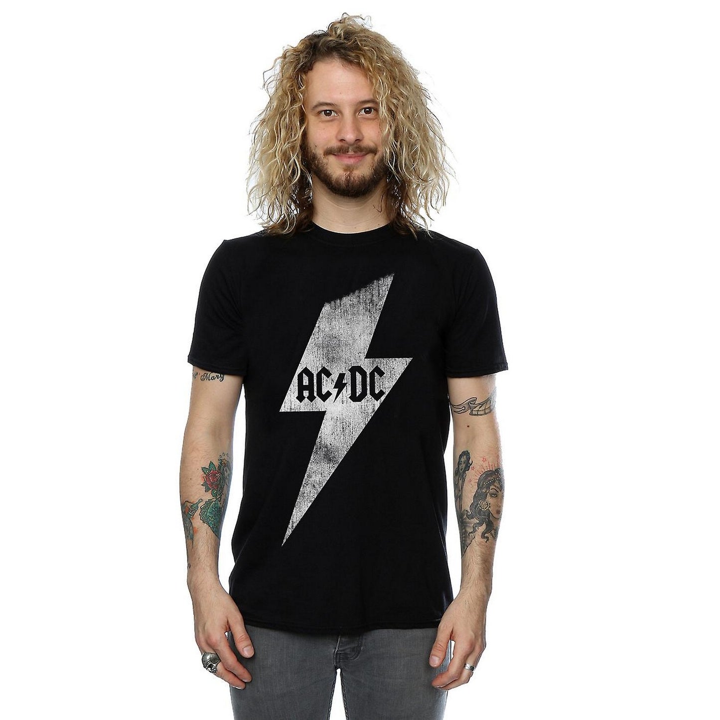 Black - Side - AC-DC Mens Lightning Bolt Cotton T-Shirt