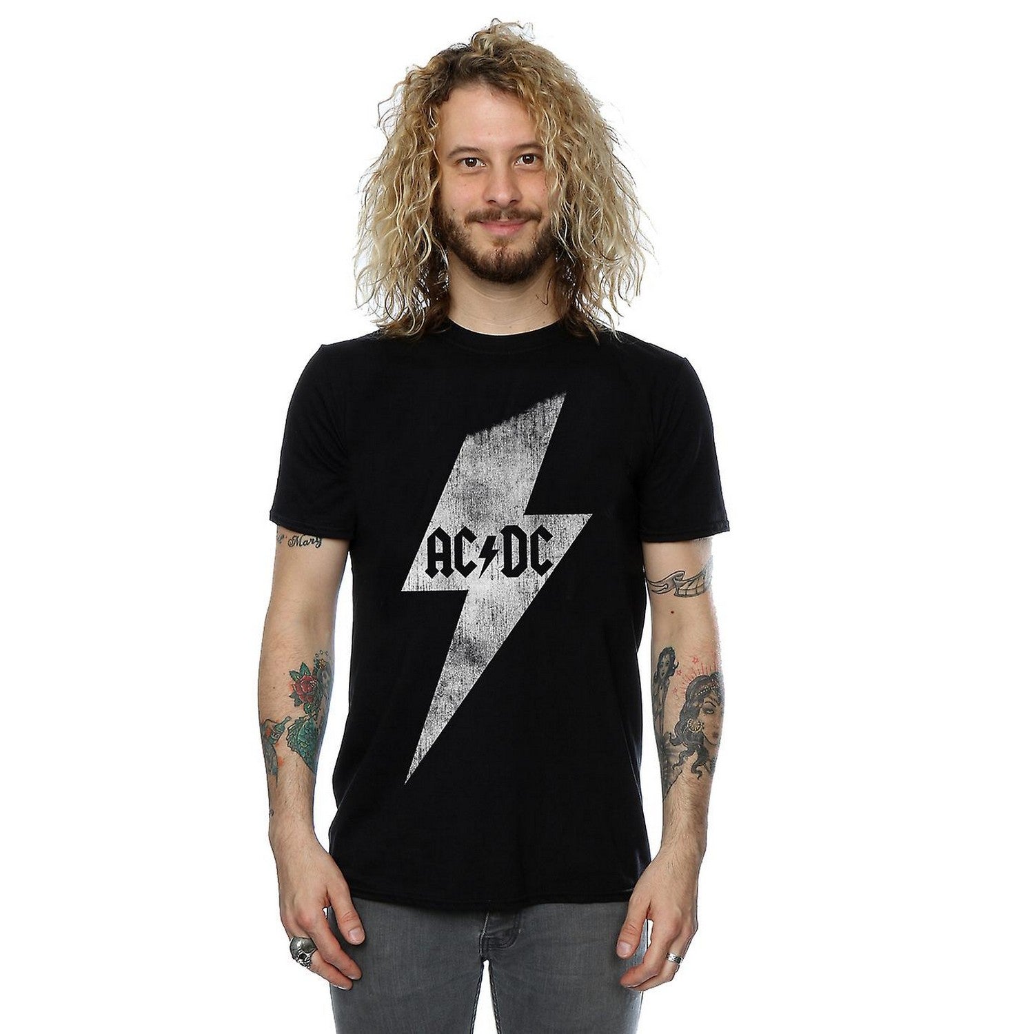 Black - Side - AC-DC Mens Lightning Bolt Cotton T-Shirt