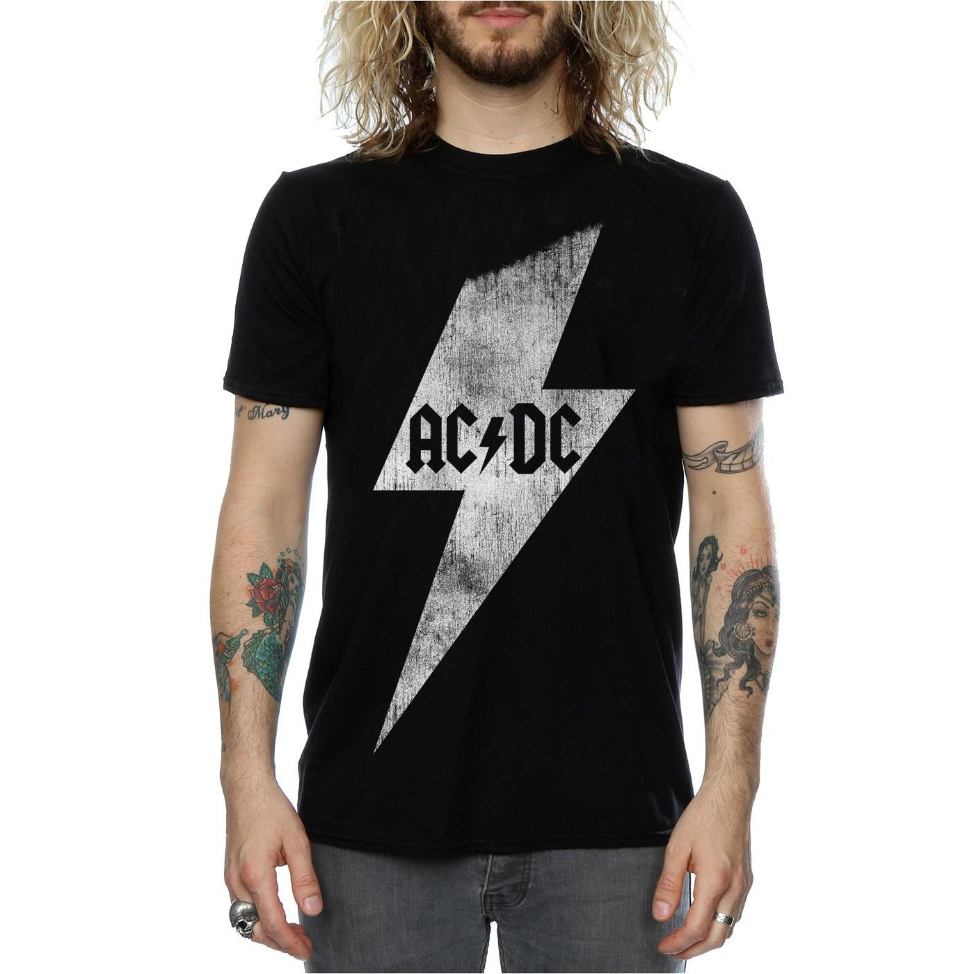 Black - Close up - AC-DC Mens Lightning Bolt Cotton T-Shirt