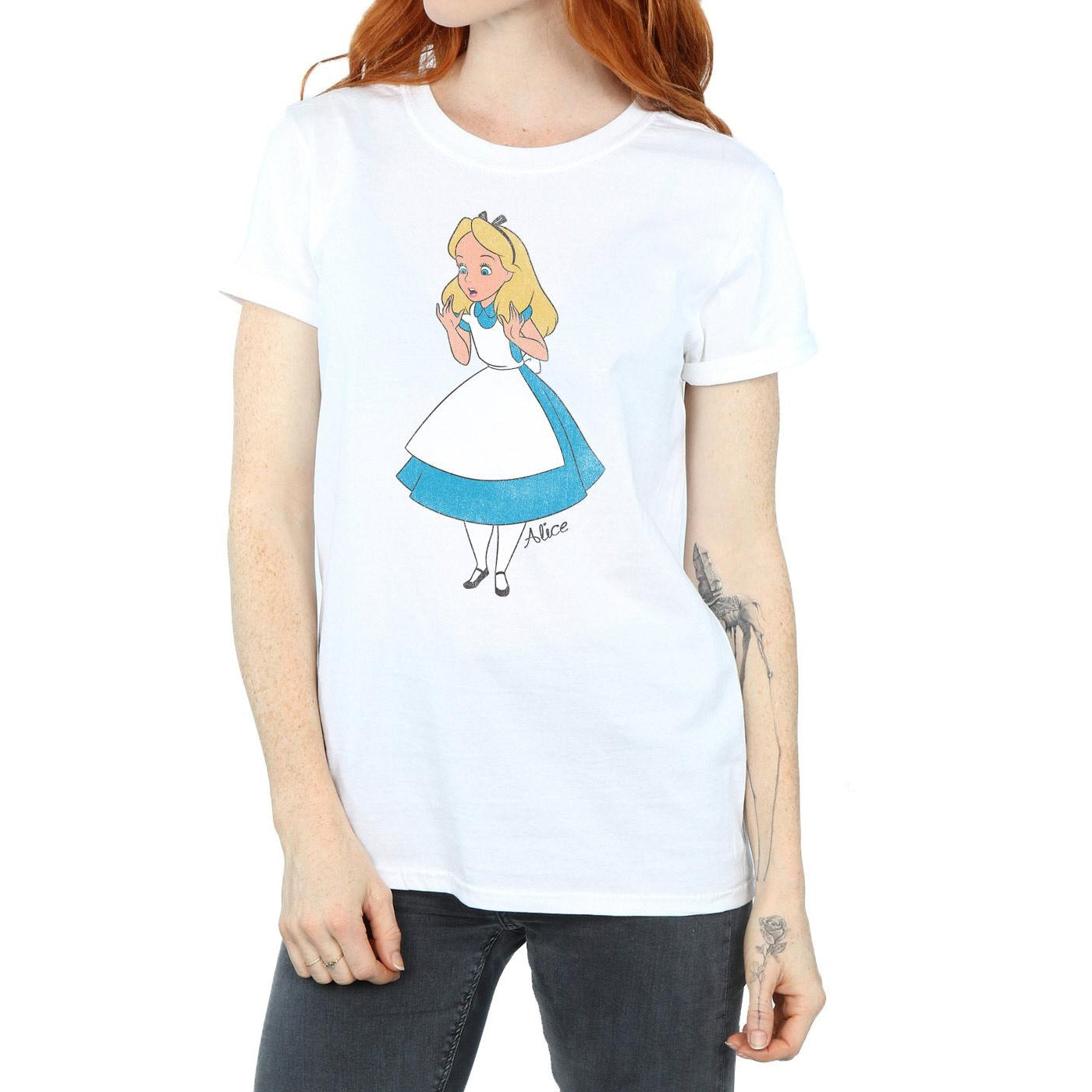 White - Side - Alice In Wonderland Womens-Ladies Classic Boyfriend Cotton T-Shirt