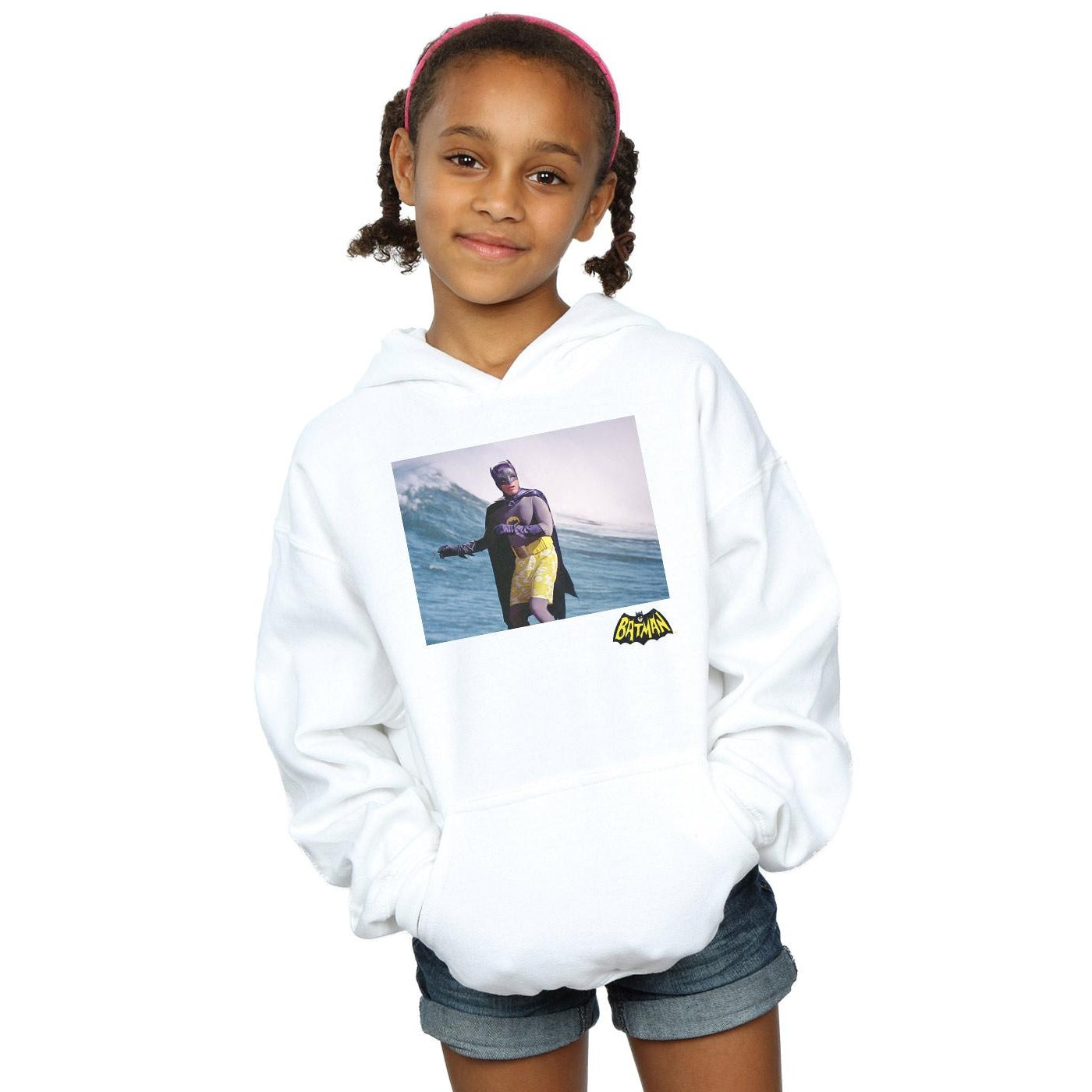 White - Back - DC Comics Girls Batman TV Series Surfing Logo Hoodie