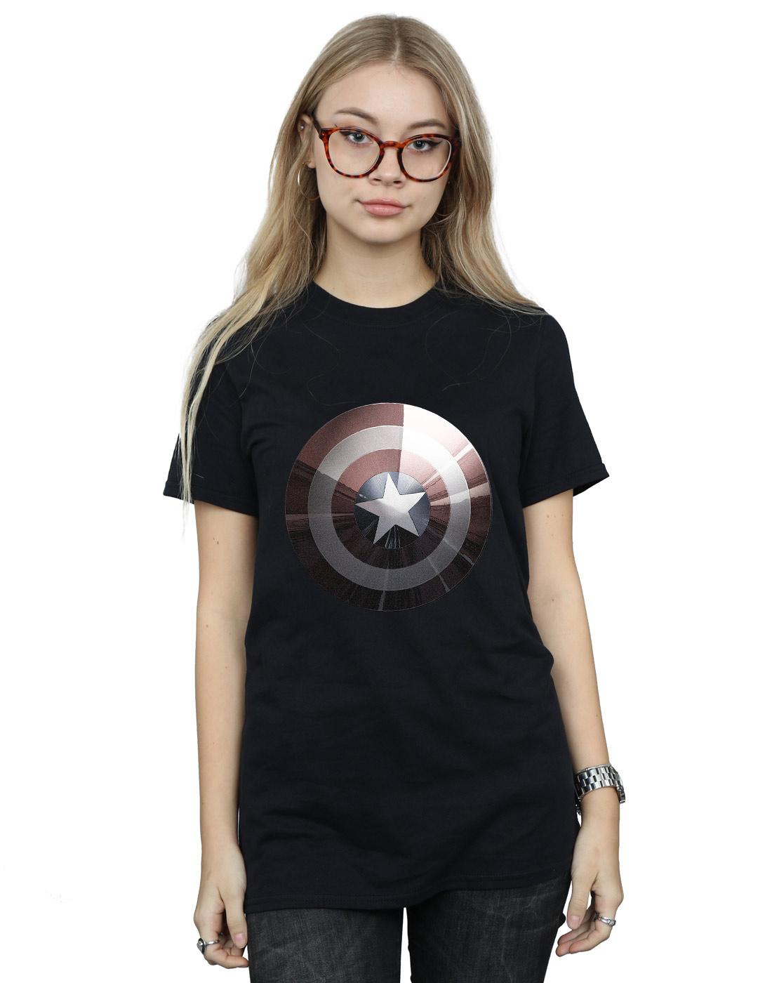 Black - Back - Marvel Womens-Ladies Captain America Shield Shiny Cotton Boyfriend T-Shirt