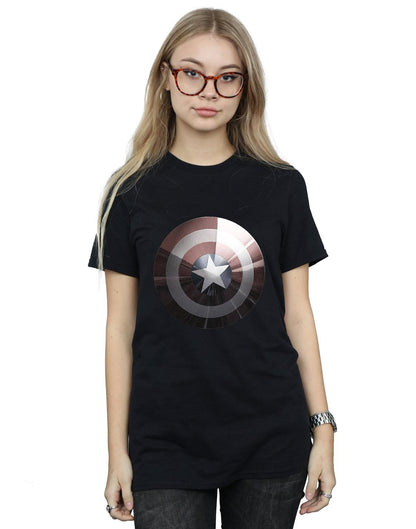 Black - Back - Marvel Womens-Ladies Captain America Shield Shiny Cotton Boyfriend T-Shirt