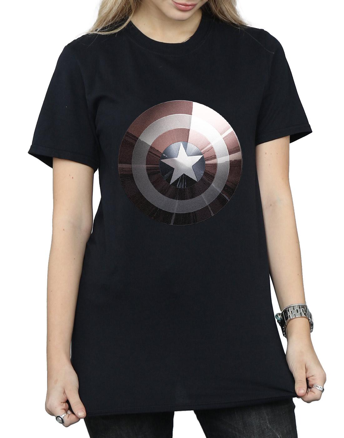 Black - Side - Marvel Womens-Ladies Captain America Shield Shiny Cotton Boyfriend T-Shirt