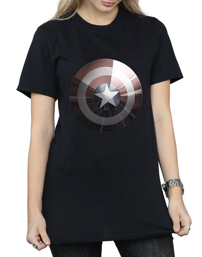 Black - Side - Marvel Womens-Ladies Captain America Shield Shiny Cotton Boyfriend T-Shirt