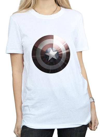 White - Side - Marvel Womens-Ladies Captain America Shield Shiny Cotton Boyfriend T-Shirt