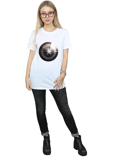 White - Lifestyle - Marvel Womens-Ladies Captain America Shield Shiny Cotton Boyfriend T-Shirt