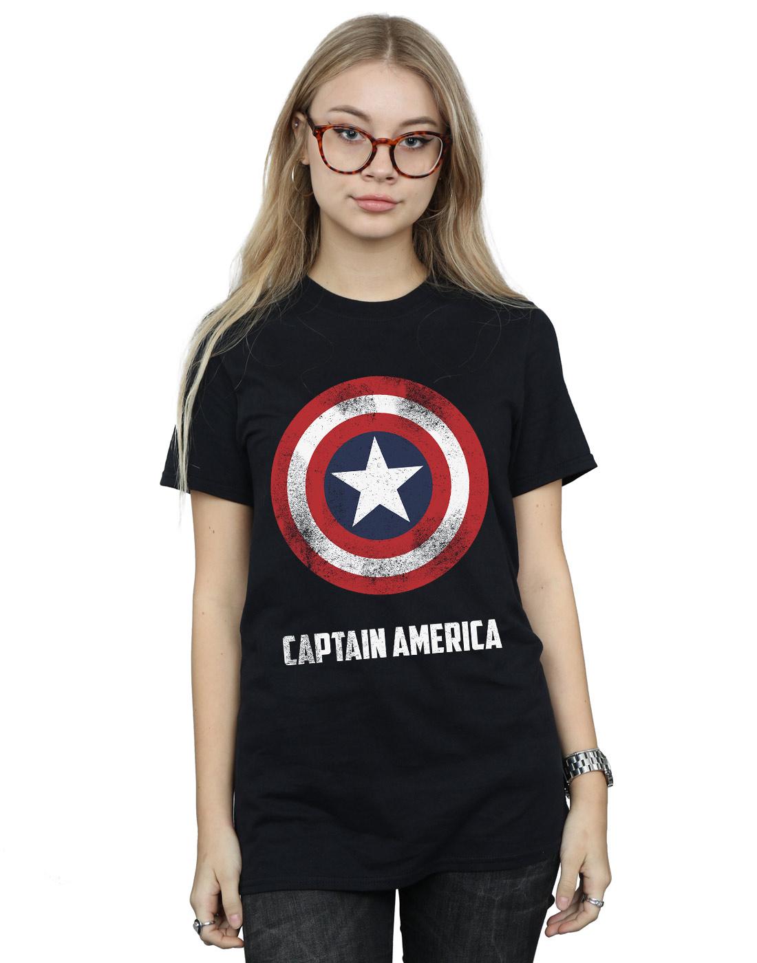 Black - Back - Marvel Womens-Ladies Captain America Shield Text Cotton Boyfriend T-Shirt