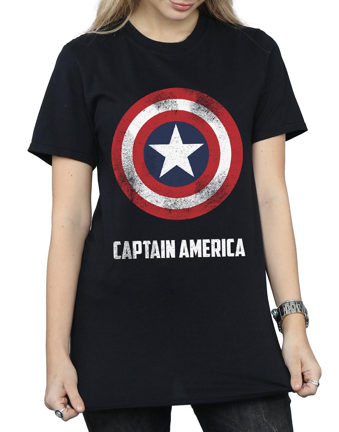 Black - Side - Marvel Womens-Ladies Captain America Shield Text Cotton Boyfriend T-Shirt