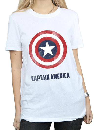 White - Side - Marvel Womens-Ladies Captain America Shield Text Cotton Boyfriend T-Shirt