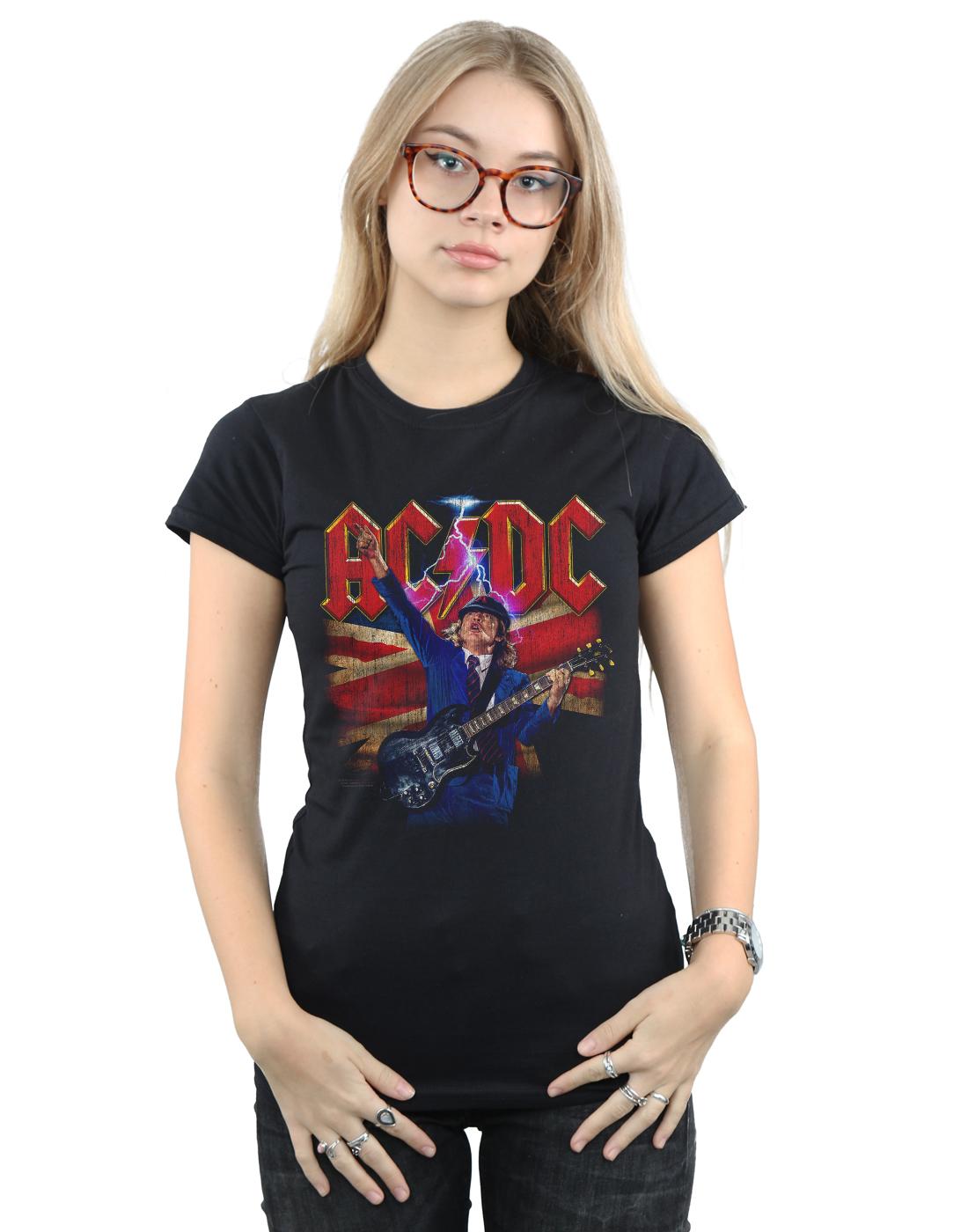 Black - Back - AC-DC Womens-Ladies Angus Union Flag Lightning Cotton T-Shirt