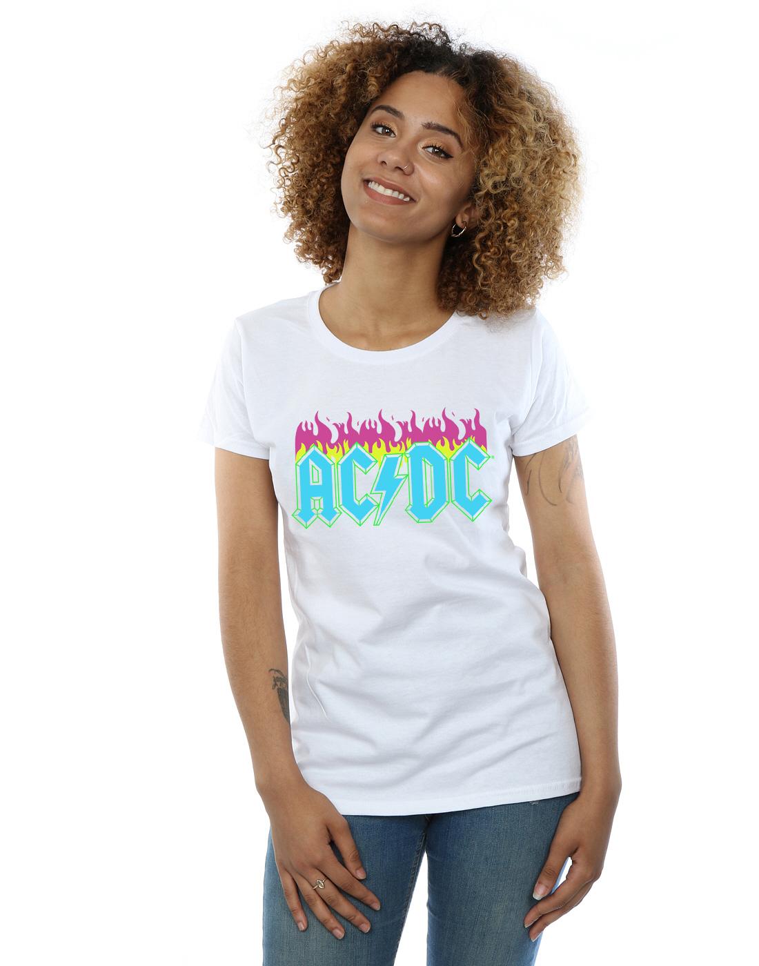 White - Back - AC-DC Womens-Ladies Neon Flames Cotton T-Shirt