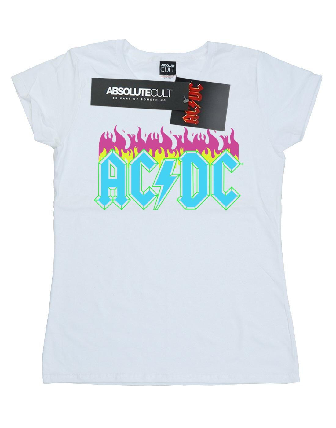 White - Front - AC-DC Womens-Ladies Neon Flames Cotton T-Shirt