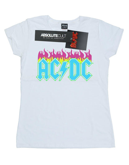 White - Front - AC-DC Womens-Ladies Neon Flames Cotton T-Shirt