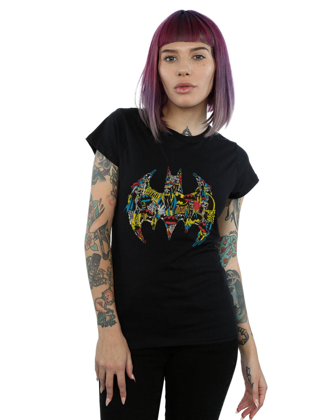 Black - Back - DC Comics Womens-Ladies Batman Batgirl Logo Collage Cotton T-Shirt