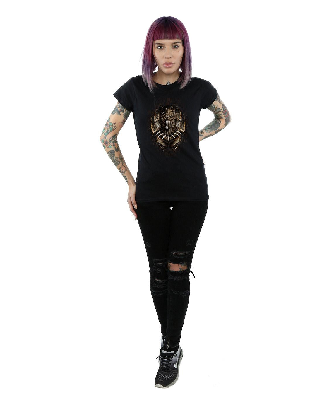 Black - Side - Marvel Womens-Ladies Black Panther Gold Killmonger Cotton T-Shirt