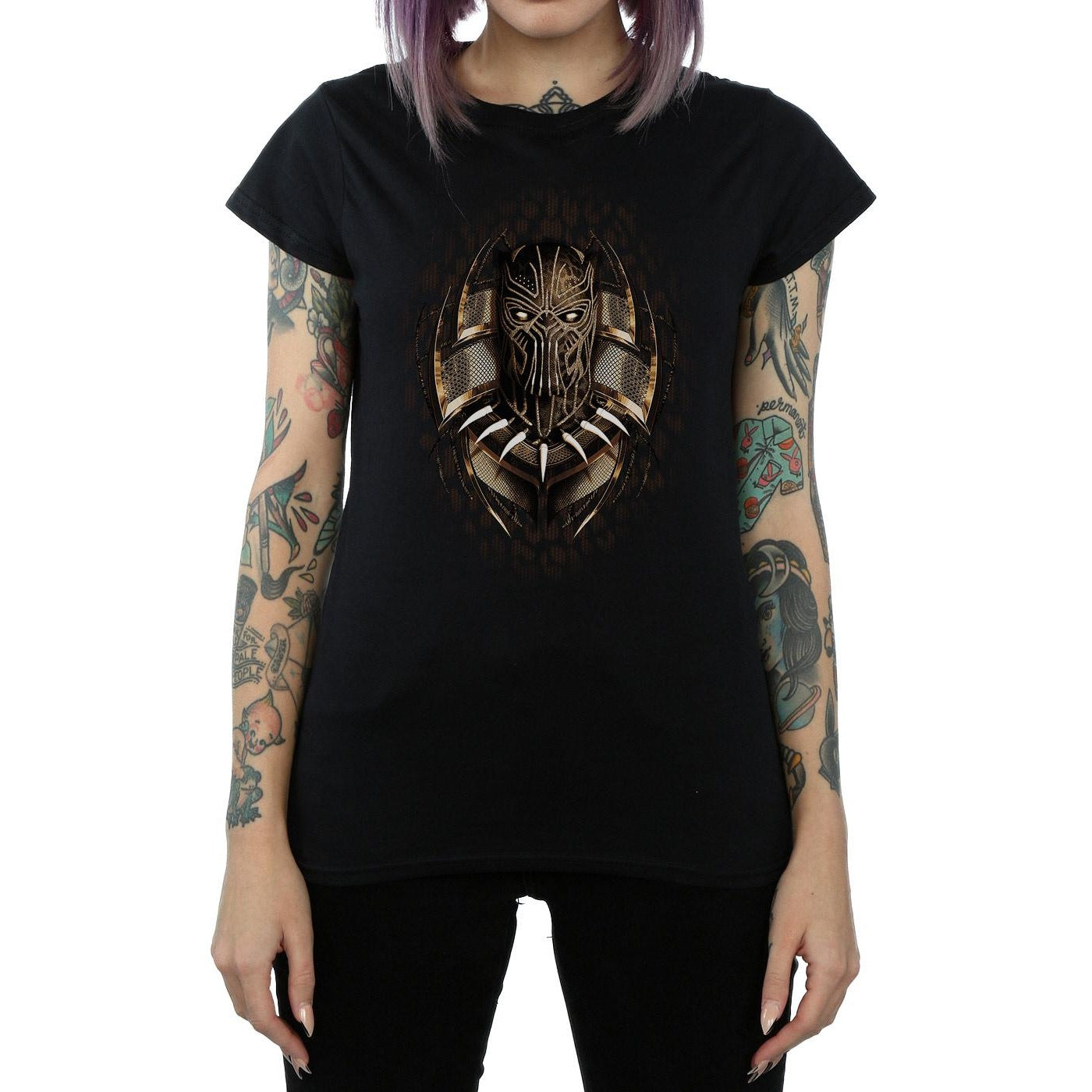 Black - Back - Marvel Womens-Ladies Black Panther Gold Killmonger Cotton T-Shirt