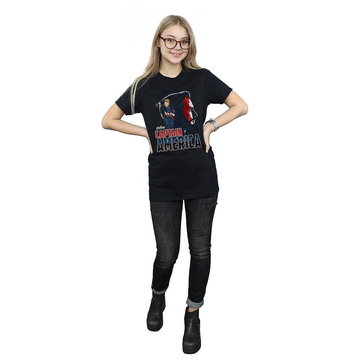 Black - Side - Avengers Infinity War Womens-Ladies Captain America Cotton Boyfriend T-Shirt