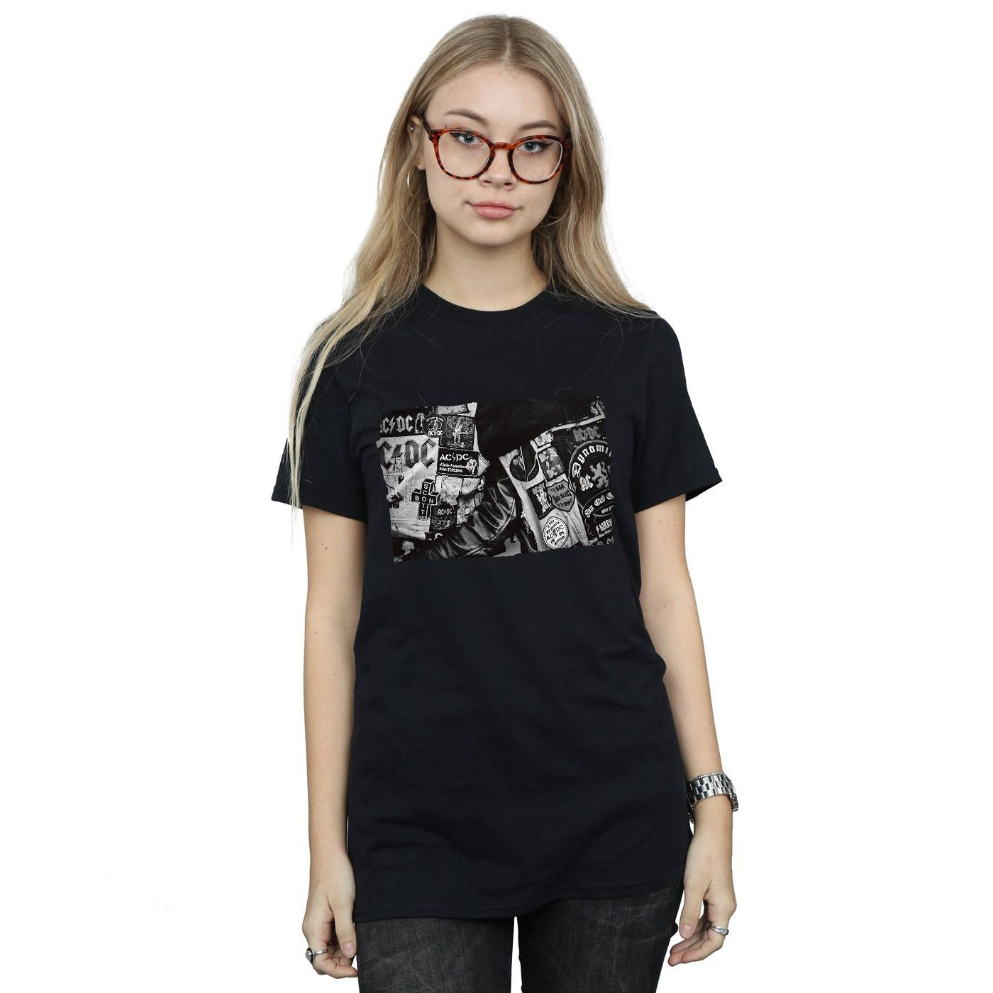 Black - Back - AC-DC Womens-Ladies Badges And Posters Collection Cotton Boyfriend T-Shirt