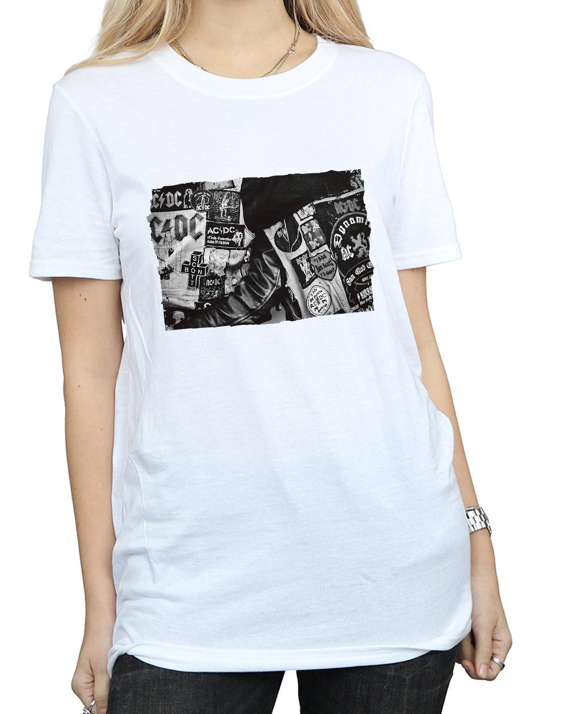 White - Side - AC-DC Womens-Ladies Badges And Posters Collection Cotton Boyfriend T-Shirt