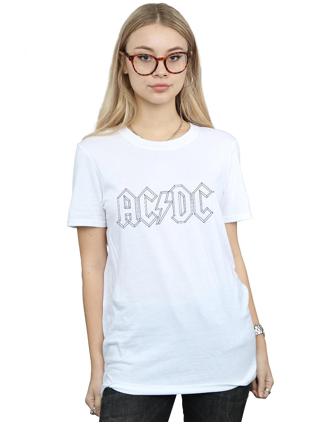 White - Back - AC-DC Womens-Ladies Black Outline Logo Cotton Boyfriend T-Shirt