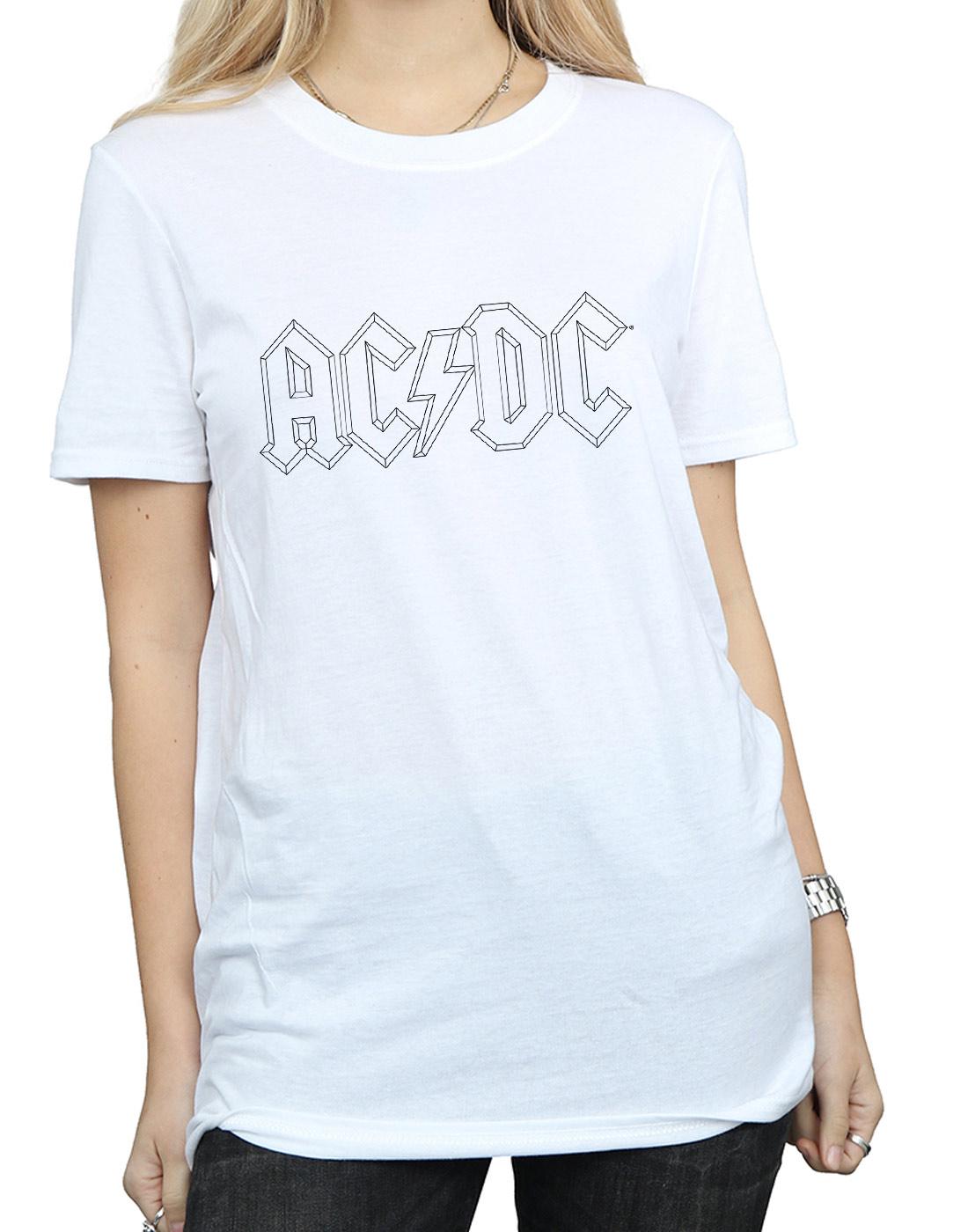 White - Side - AC-DC Womens-Ladies Black Outline Logo Cotton Boyfriend T-Shirt