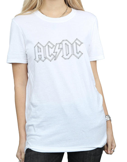White - Side - AC-DC Womens-Ladies Black Outline Logo Cotton Boyfriend T-Shirt