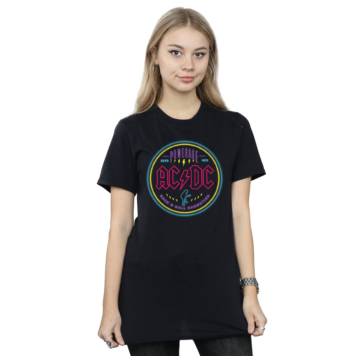 Black - Back - AC-DC Womens-Ladies Circle Neon Cotton Boyfriend T-Shirt